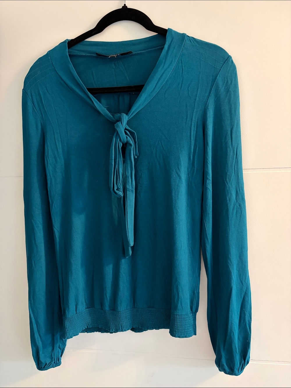 Teal Bedo Tie-Neck Long Sleeve Women's Top